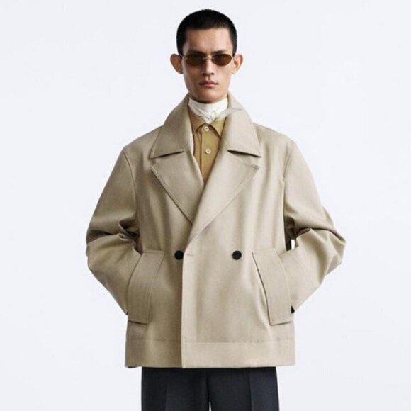 ZARA MAN EDITION SS'24 SHORT BEIGE COTTON TRENCH COAT SIZE L - Picture 1 of 9